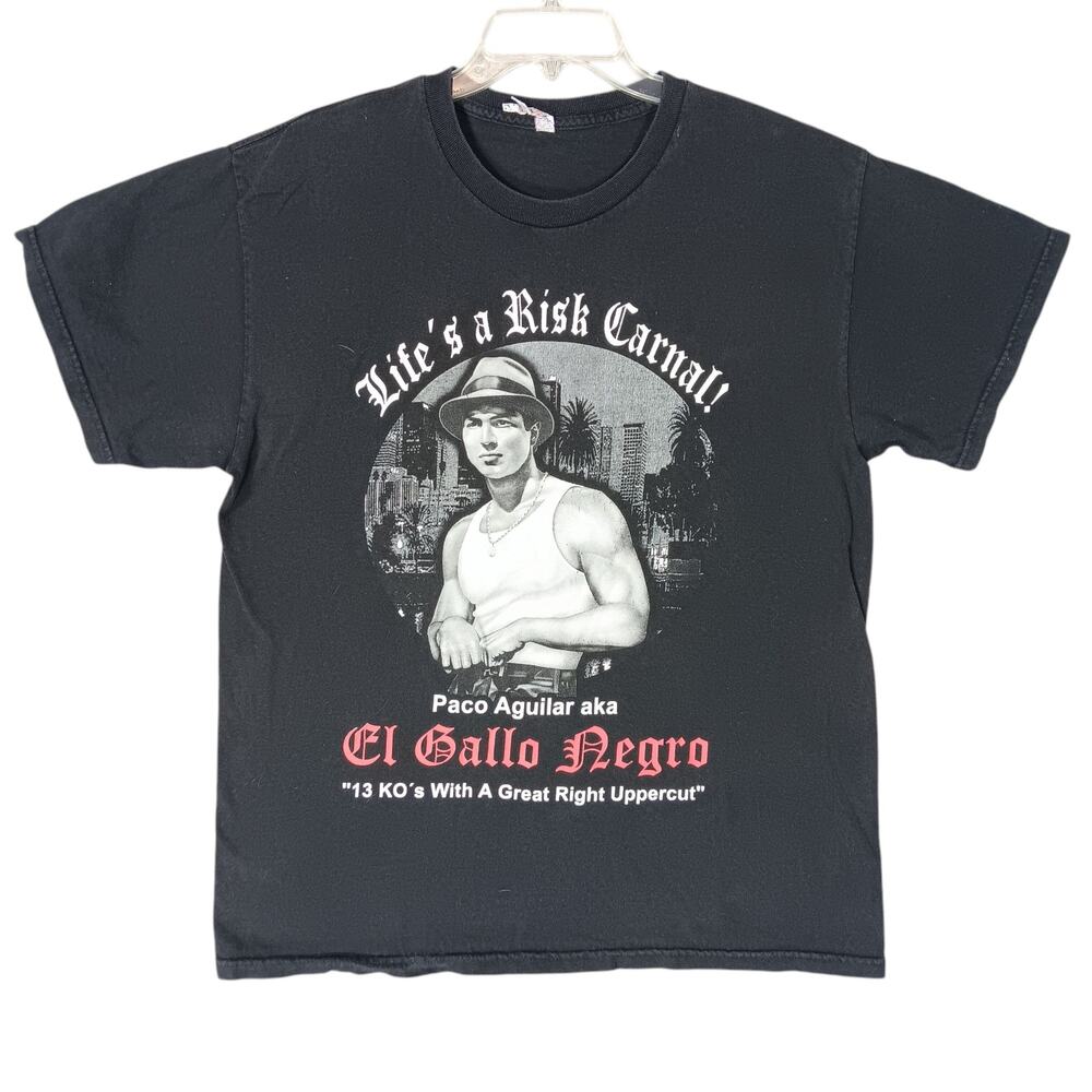 El Gallo Negro Graphic T Shirt Black Size Large Short Sleeve "Life is a Risk Car